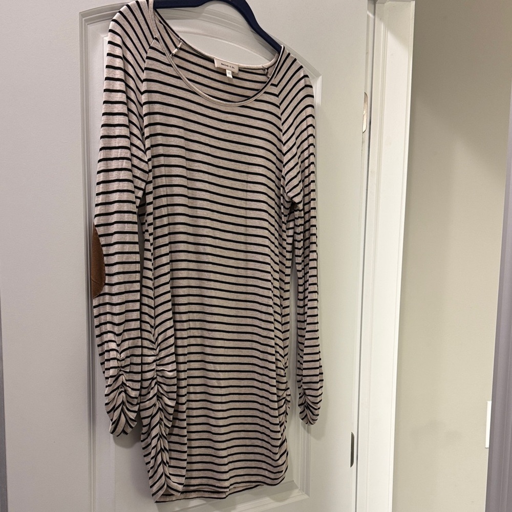 Striped Long Sleeve Tee with Elbow Patch - Black/Beige